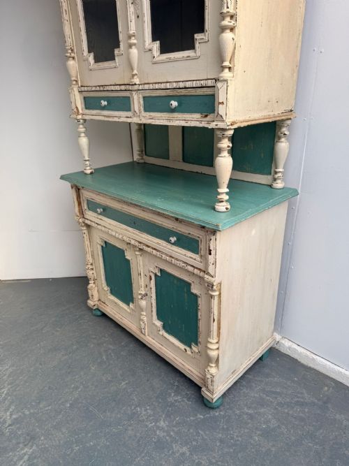 A GENUINE HUNGARIAN ORIGINAL PAINTED CREAM TEAL 2 PIECE VICTORIAN DRESSER - ADDITIONAL PHOTO 10