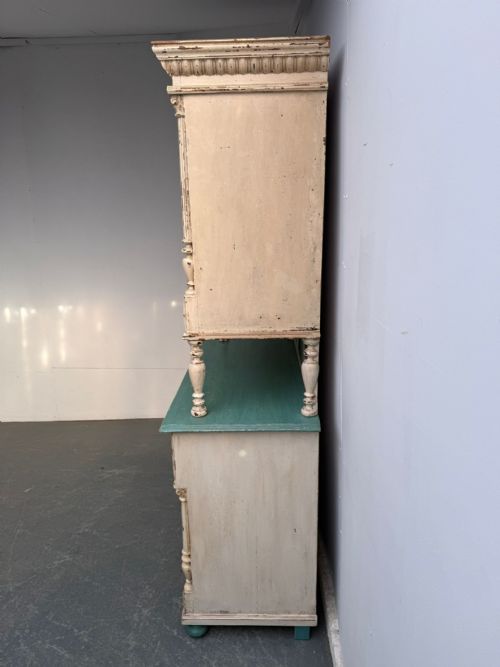 A GENUINE HUNGARIAN ORIGINAL PAINTED CREAM TEAL 2 PIECE VICTORIAN DRESSER - ADDITIONAL PHOTO 11