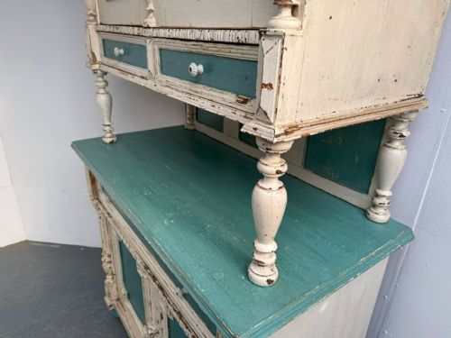 A GENUINE HUNGARIAN ORIGINAL PAINTED CREAM TEAL 2 PIECE VICTORIAN DRESSER - ADDITIONAL PHOTO 12