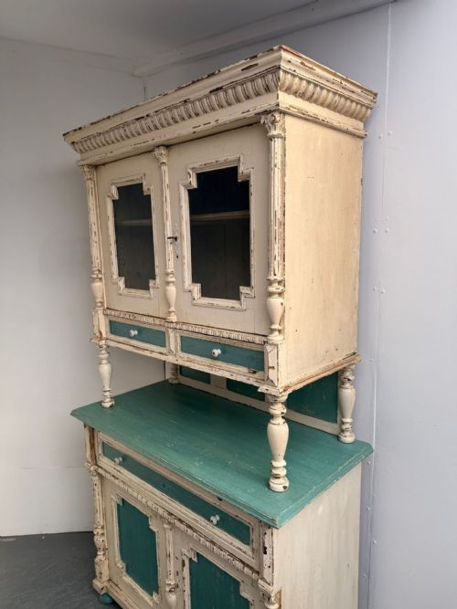 A GENUINE HUNGARIAN ORIGINAL PAINTED CREAM TEAL 2 PIECE VICTORIAN DRESSER - ADDITIONAL PHOTO 14
