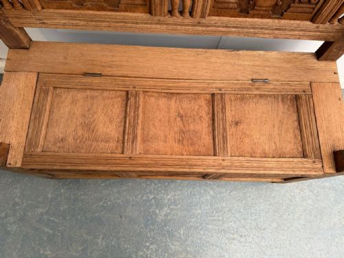 THE VERY BEST STRIPPED GOLDEN OAK 1920S CARVED 2 SEATER HALL BOX SETTLE - ADDITIONAL PHOTO 8