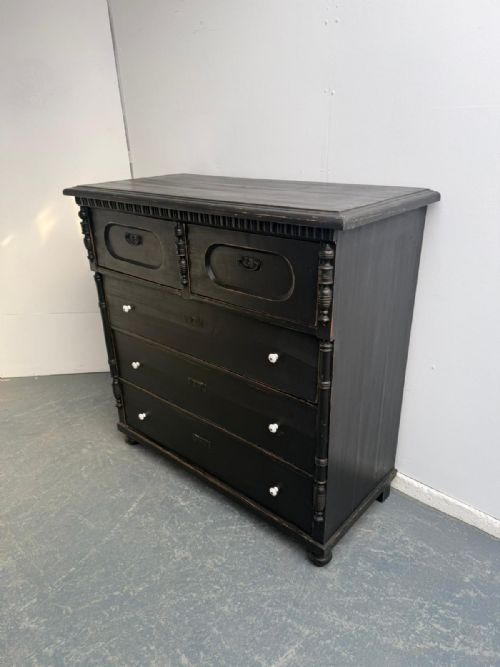 MASSIVE ANTIQUE PINE HUNGARIAN VICTORIAN PAINTED BLACK 5 DRAWER CHEST OF DRAWERS