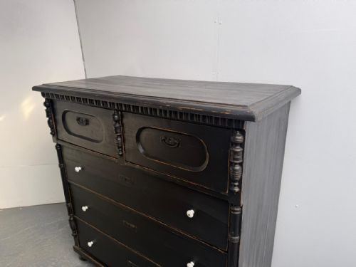MASSIVE ANTIQUE PINE HUNGARIAN VICTORIAN PAINTED BLACK 5 DRAWER CHEST OF DRAWERS - ADDITIONAL PHOTO 1