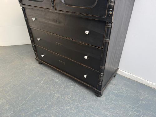 MASSIVE ANTIQUE PINE HUNGARIAN VICTORIAN PAINTED BLACK 5 DRAWER CHEST OF DRAWERS - ADDITIONAL PHOTO 2