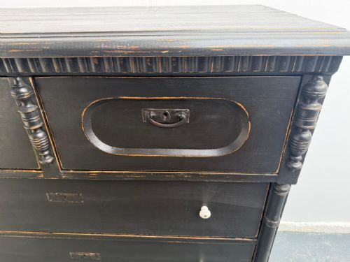 MASSIVE ANTIQUE PINE HUNGARIAN VICTORIAN PAINTED BLACK 5 DRAWER CHEST OF DRAWERS - ADDITIONAL PHOTO 6