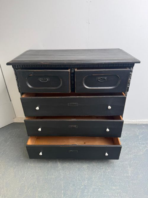 MASSIVE ANTIQUE PINE HUNGARIAN VICTORIAN PAINTED BLACK 5 DRAWER CHEST OF DRAWERS - ADDITIONAL PHOTO 8