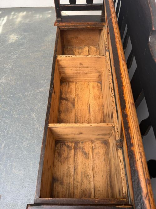 A GEORGIAN ORIGINAL HUNGARIAN PAINTED BLACK ANTIQUE PINE 3 SEATER BENCH - ADDITIONAL PHOTO 8