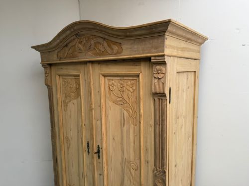 fig 1. A Rare Antique Pine Art Nouveau Carved 2 Door Knockdown Wardrobe to Paint/Wax