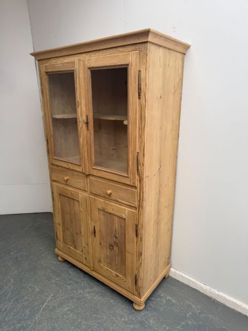 AN EARLY VICTORIAN ANTIQUE PINE 4 DOOR GLAZED DISPLAY CABINET TO WAX PAINT