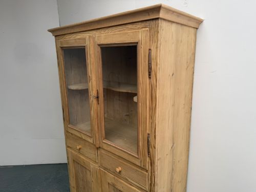AN EARLY VICTORIAN ANTIQUE PINE 4 DOOR GLAZED DISPLAY CABINET TO WAX PAINT - ADDITIONAL PHOTO 1