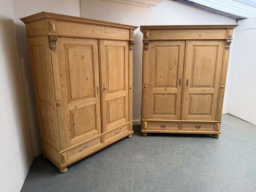 A RARE PAIR OF VICTORIAN ANTIQUEOLD PINE KNOCKDOWN WARDROBES TO WAX PAINT