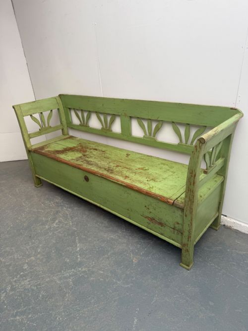 AN ORIGINALLY PAINTED GREEN VICTORIAN HUNGARIAN ANTIQUE PINE 3 SEATER BENCH