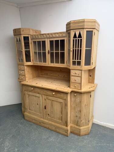 A Rarest Antique / Old Pine Arts & Crafts 2 Piece Kitchen Dresser to Wax / Paint
