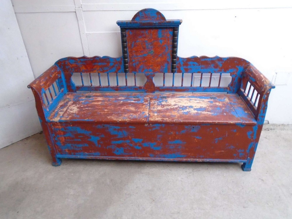 An Original 19th Century Painted Blue / Red 3 Seater Hungarian Bench View II