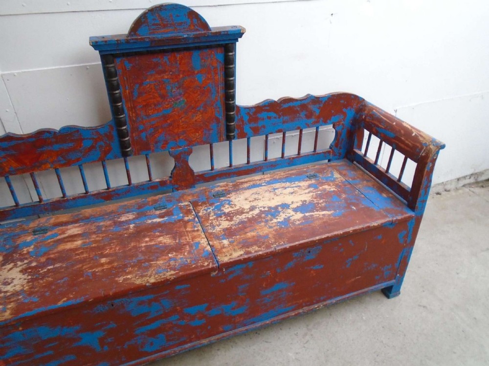 An Original 19th Century Painted Blue / Red 3 Seater Hungarian Bench View III