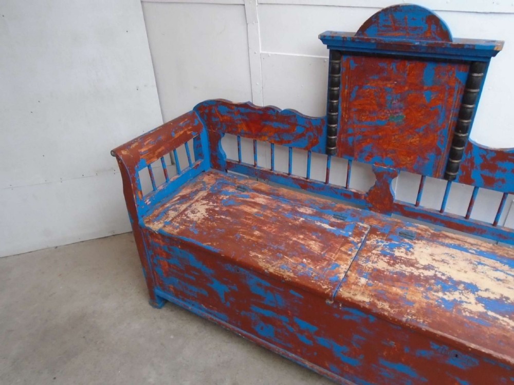 An Original 19th Century Painted Blue / Red 3 Seater Hungarian Bench View IV