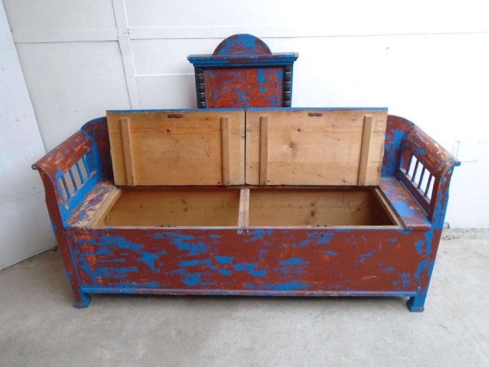 An Original 19th Century Painted Blue / Red 3 Seater Hungarian Bench View VII