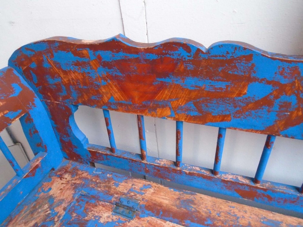 An Original 19th Century Painted Blue / Red 3 Seater Hungarian Bench View IX