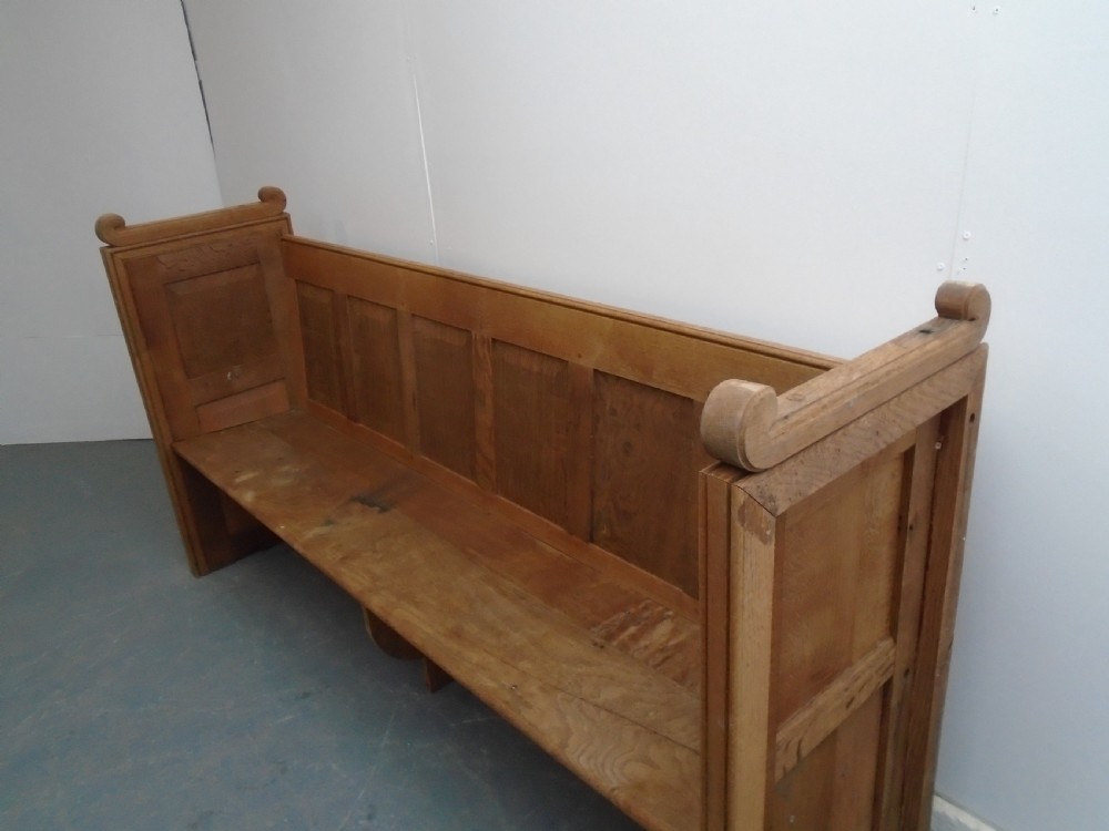 A Lovely Arts & Crafts Oak 3 Seater Panelled Church Pew to Wax / Paint View II