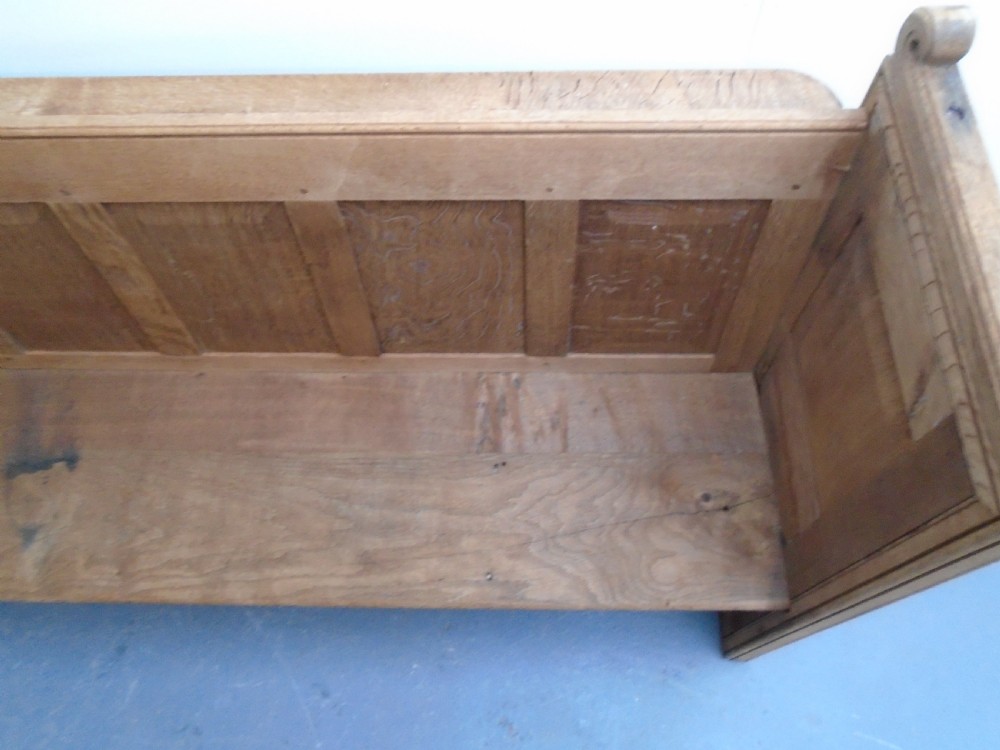 A Lovely Arts & Crafts Oak 3 Seater Panelled Church Pew to Wax / Paint View IX