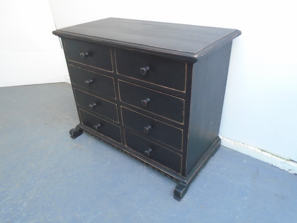 A Low & Wide Painted Black Victorian Antique Pine 8 Drawer Chest of Drawers