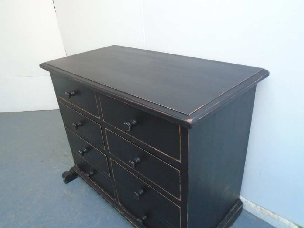 A Low & Wide Painted Black Victorian Antique Pine 8 Drawer Chest of Drawers View II