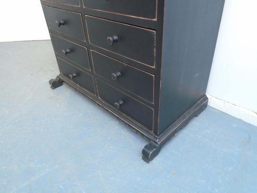 A Low & Wide Painted Black Victorian Antique Pine 8 Drawer Chest of Drawers View III
