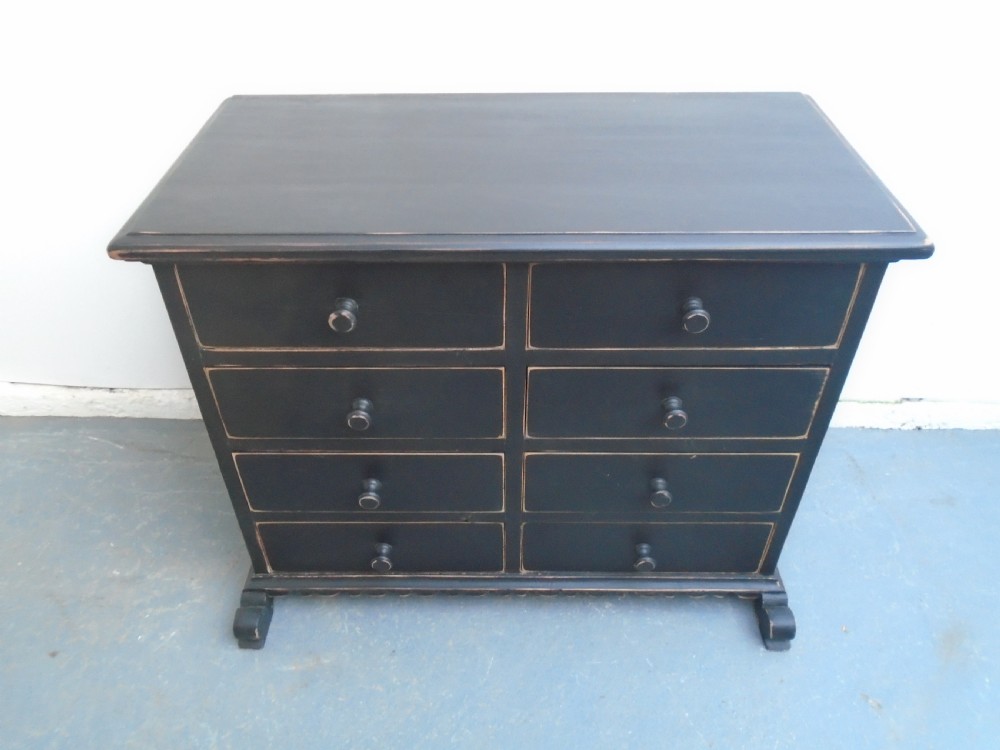 A Low & Wide Painted Black Victorian Antique Pine 8 Drawer Chest of Drawers View IV