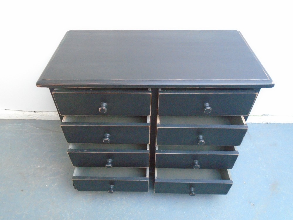 A Low & Wide Painted Black Victorian Antique Pine 8 Drawer Chest of Drawers View IX