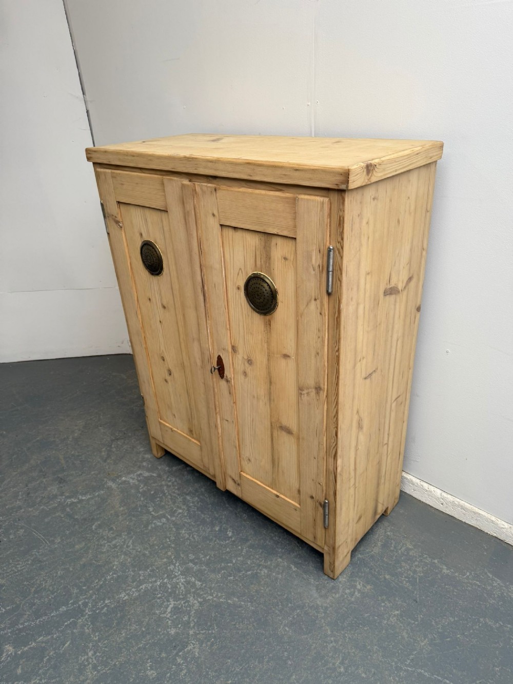 A Superb Victorian Antique Pine 2 Door Brass Vent Storage Cupboard to Wax/Paint