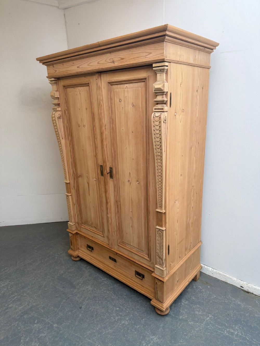 An Early Victorian Antique Old Pine Shelved Knockdown Wardrobe to Wax/Paint