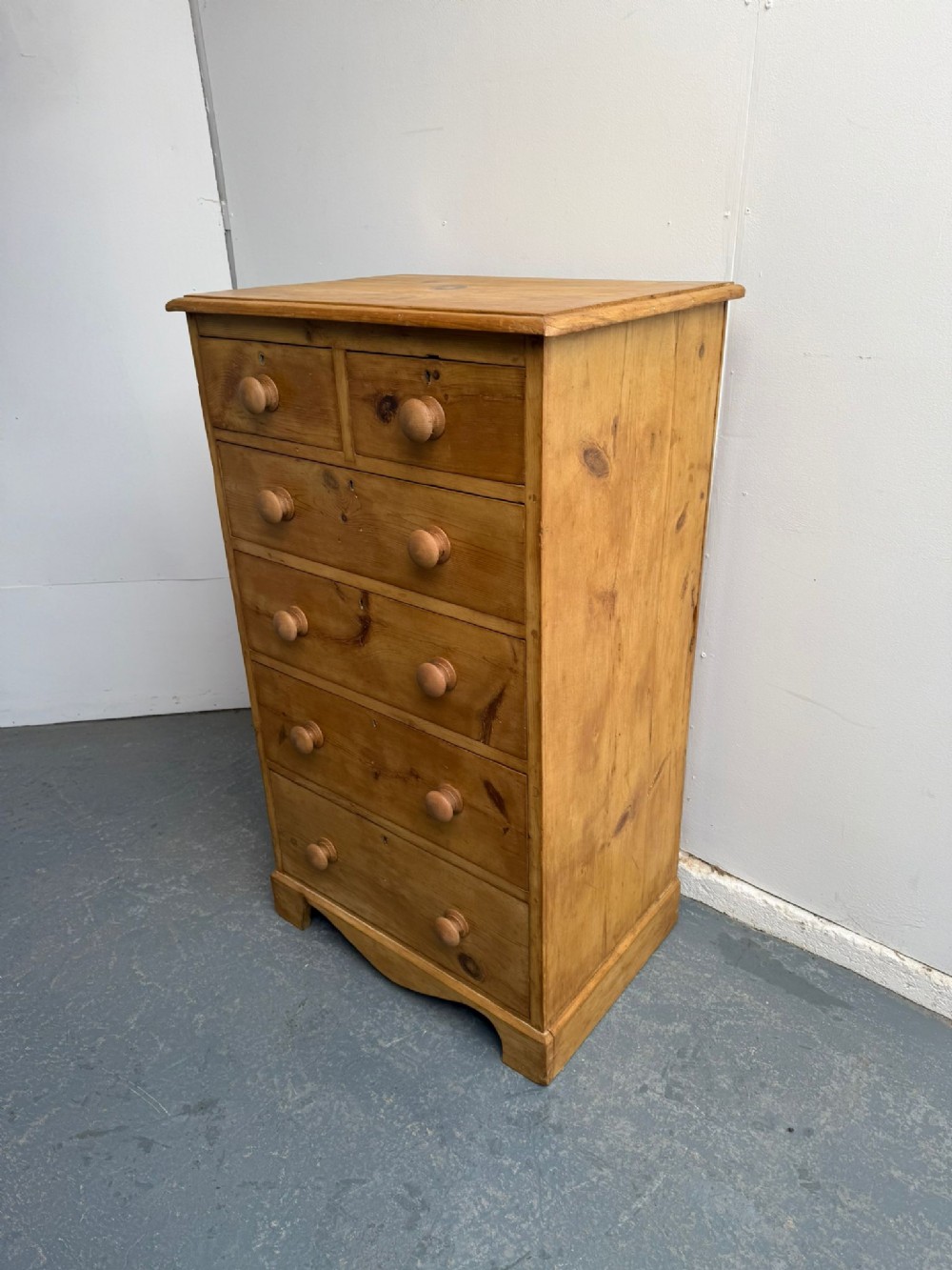 A Rare Antique / Old Pine Tall & Narrow Victorian Waxed 6 Drawer Chest of Drawers