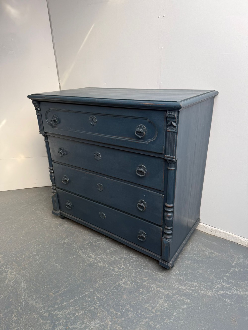 A Massive Antique Pine Georgian Painted Blue Hungarian 4 Drawer Chest of Drawers