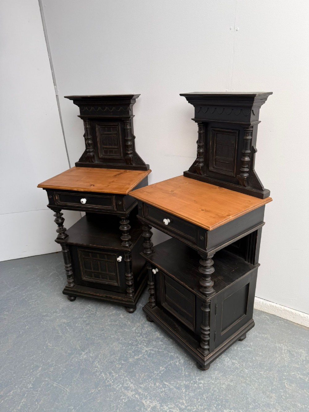 An Impressive Pair of Original Hungarian Oak & Pine Large Bedside Cabinets