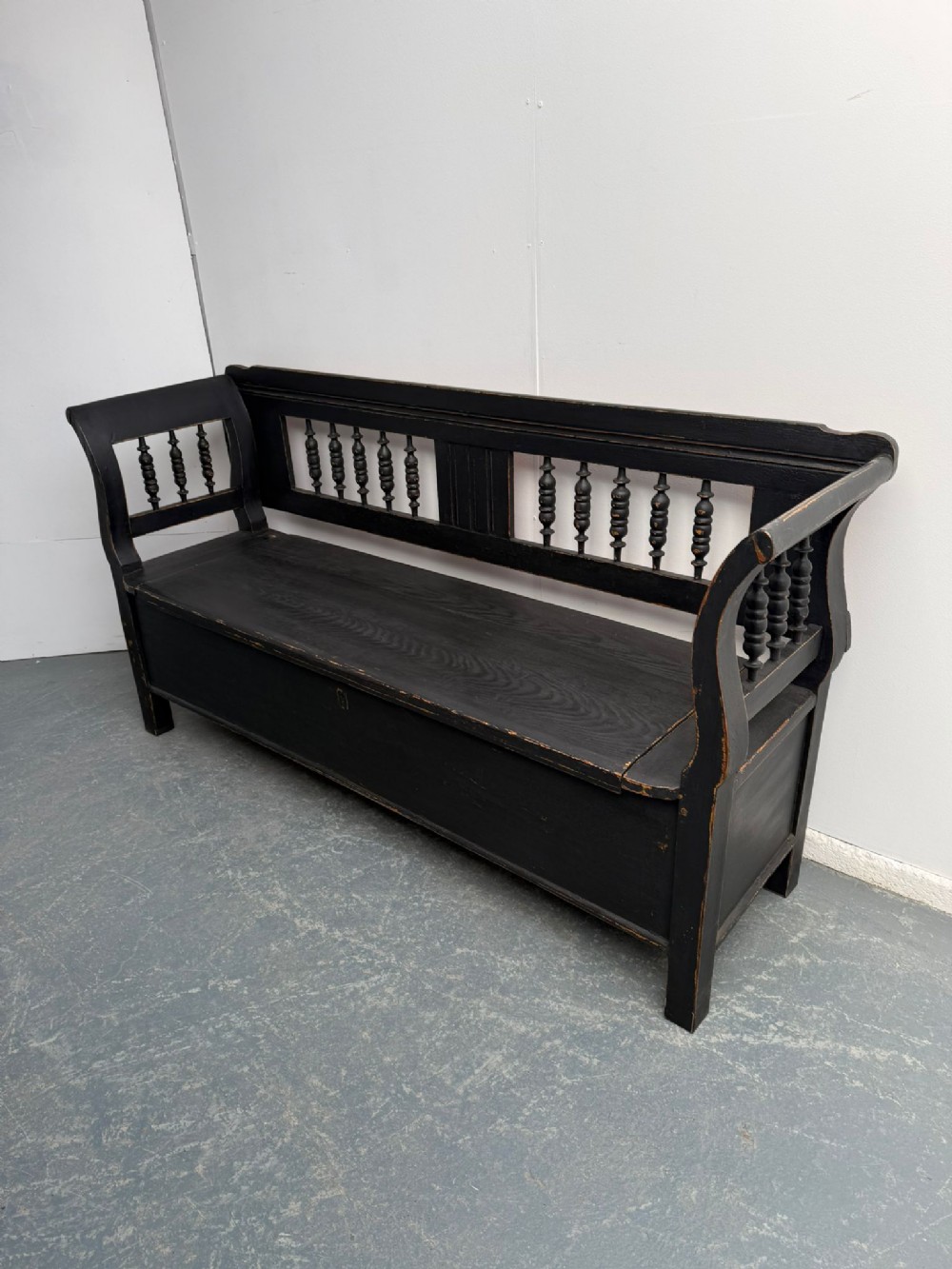 A Genuine Hungarian Antique / Old Pine Black Victorian 3 Seater Box Settle 