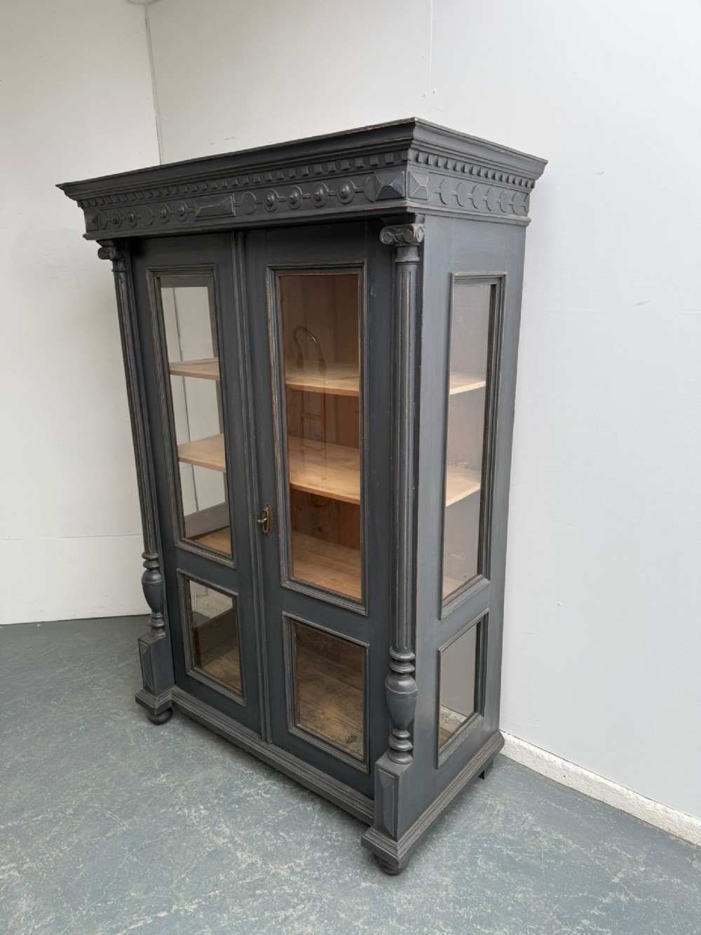 An Original Victorian Hungarian Painted Grey Antique Pine Display Cabinet