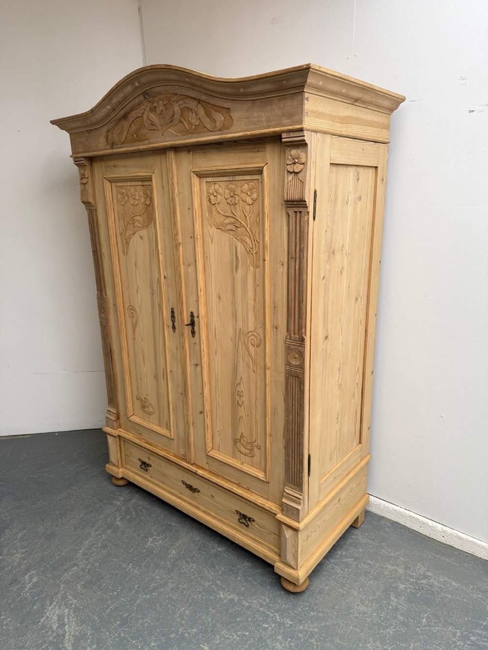A Rare Antique Pine Art Nouveau Carved 2 Door Knockdown Wardrobe to Paint/Wax