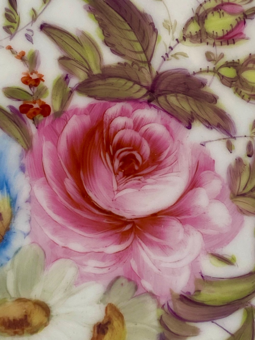 A circular white soft-paste porcelain plate featuring a hand-painted central floral bouquet and a scalloped rim with ornate gilded rococo scrolling motifs. View VI