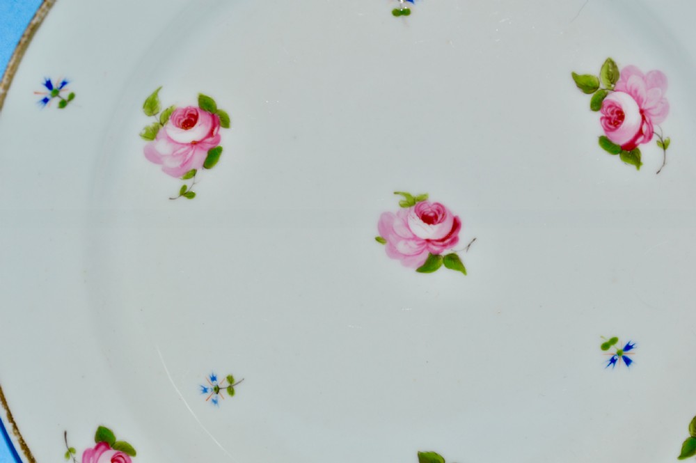 A circular white porcelain plate featuring hand-painted pink roses, small blue botanical sprigs, and a fine gilt rim. View II