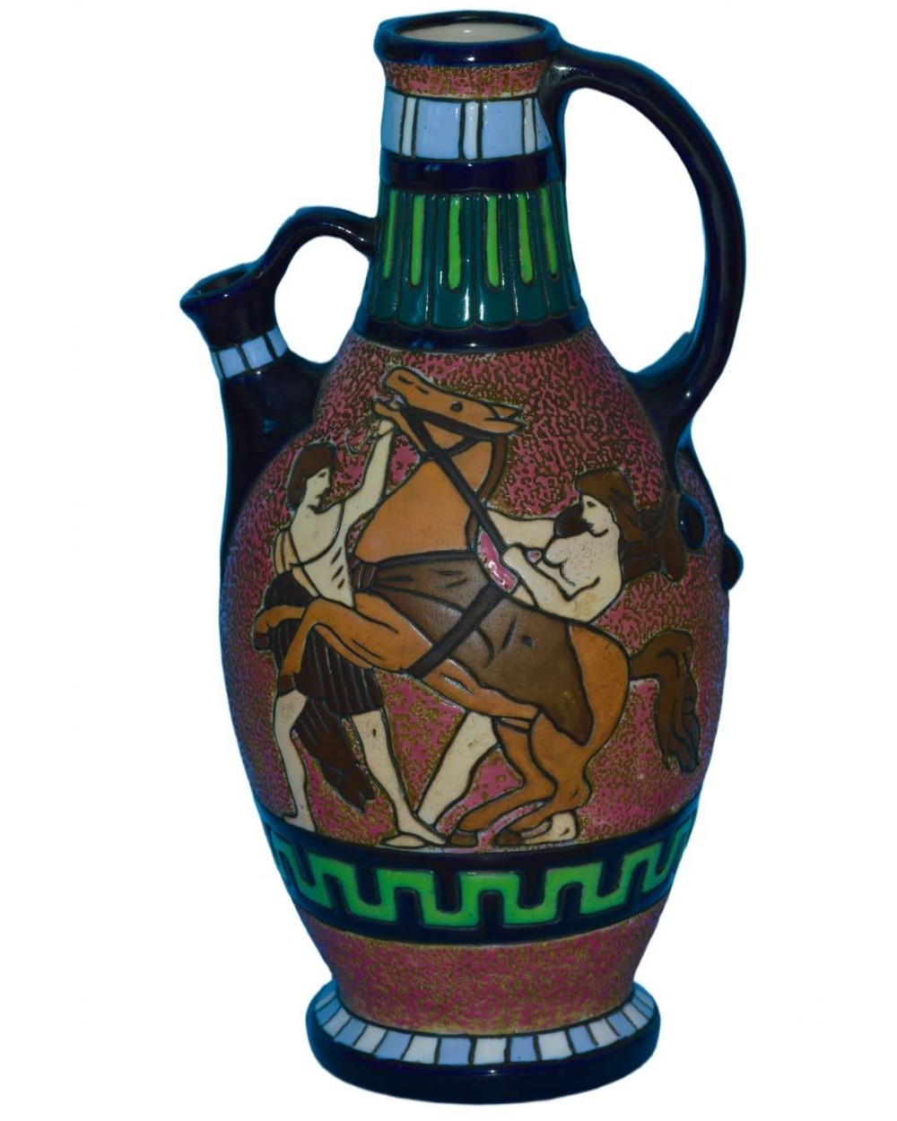 An Art Deco ceramic pitcher decorated with polychrome classical figures and a horse motif against a textured pink background.