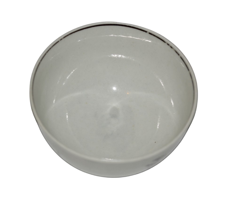 An eighteenth-century off-white soft-paste porcelain tea bowl featuring a black monochrome transfer-printed garden scene around its exterior. View V