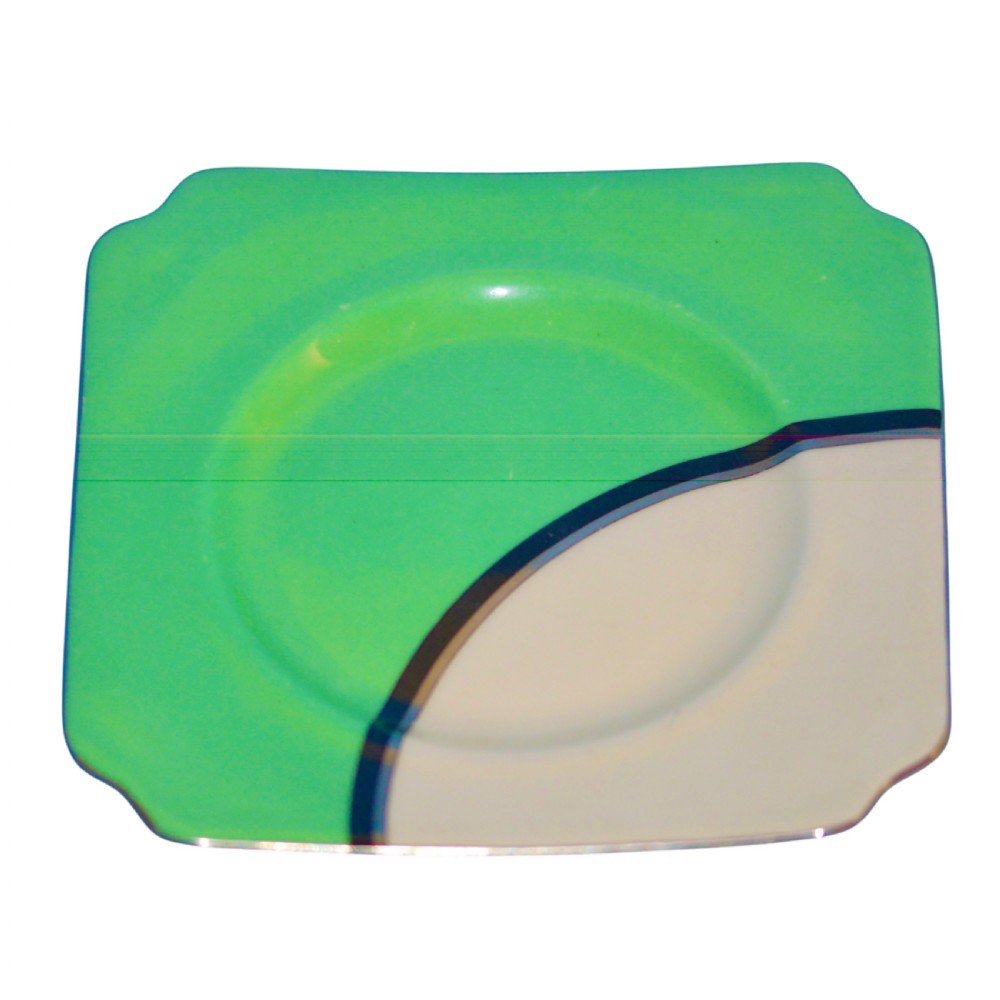 An Art Deco ceramic teacup, circular saucer, and square side plate featuring green and cream geometric panel decoration. View III