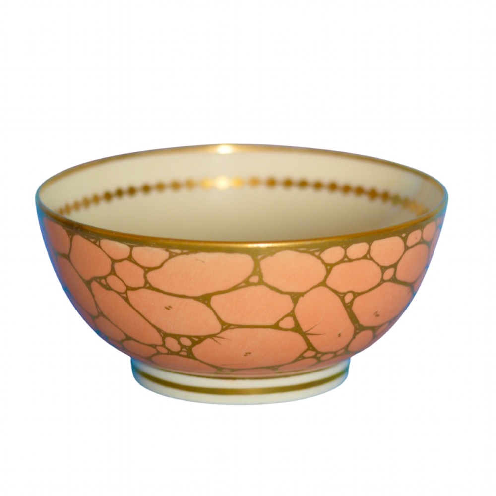A Regency period Coalport porcelain waste bowl featuring a salmon pink ground with a gilded network pattern and gold rim.