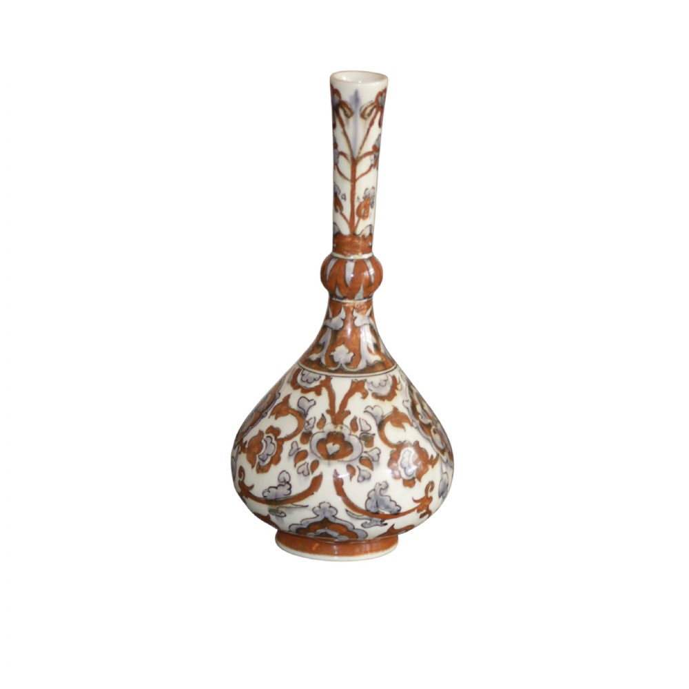An antique Art Nouveau earthenware vase with a bulbous body, a narrow neck with a central knop, and hand-painted terracotta and grey foliage motifs.