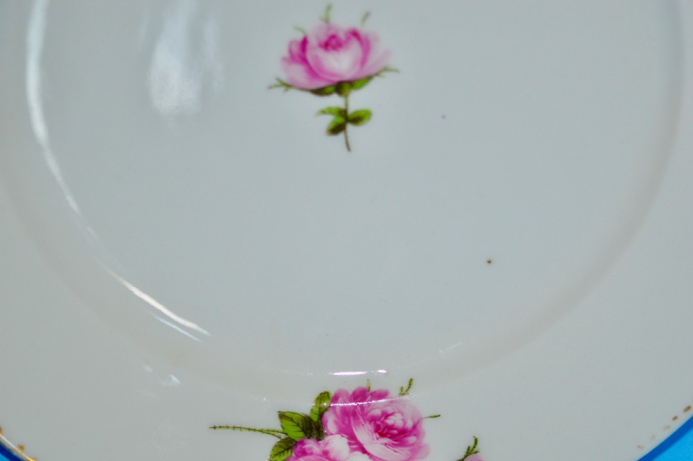 A circular white porcelain plate featuring hand-painted pink rose sprays around the border and in the centre, finished with a gilded rim. View IV
