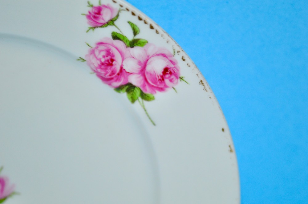 A circular white porcelain plate featuring hand-painted pink rose sprays around the border and in the centre, finished with a gilded rim. View V