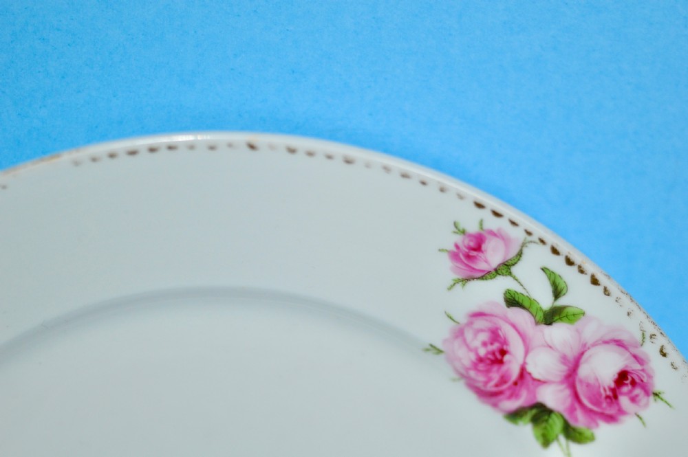 A circular white porcelain plate featuring hand-painted pink rose sprays around the border and in the centre, finished with a gilded rim. View VI