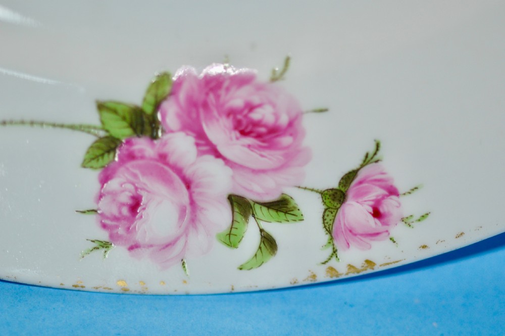 A circular white porcelain plate featuring hand-painted pink rose sprays around the border and in the centre, finished with a gilded rim. View VIII