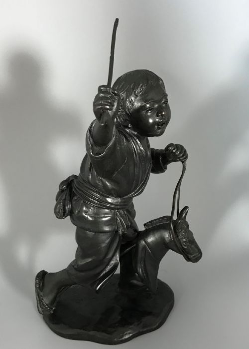 bronze okimono of boy on hobby horse - CATEGORY: ANTIQUE SCULPTURES - DATED 1900