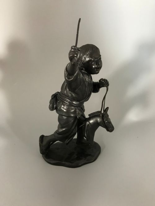BRONZE OKIMONO OF BOY ON HOBBY HORSE - ADDITIONAL PHOTO 1